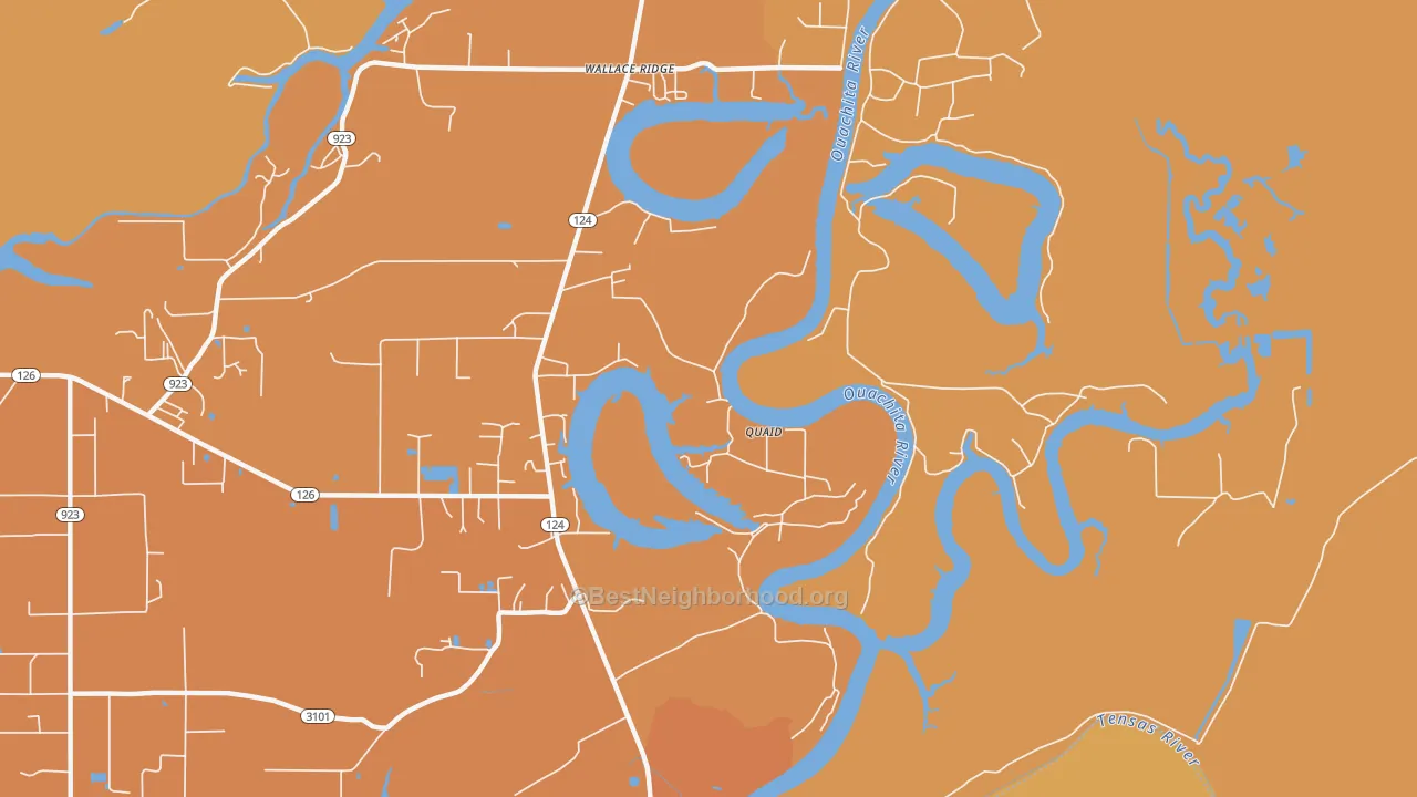 Map of the best neighborhoods in the Quaid area, with better matches in green and worse matches in red