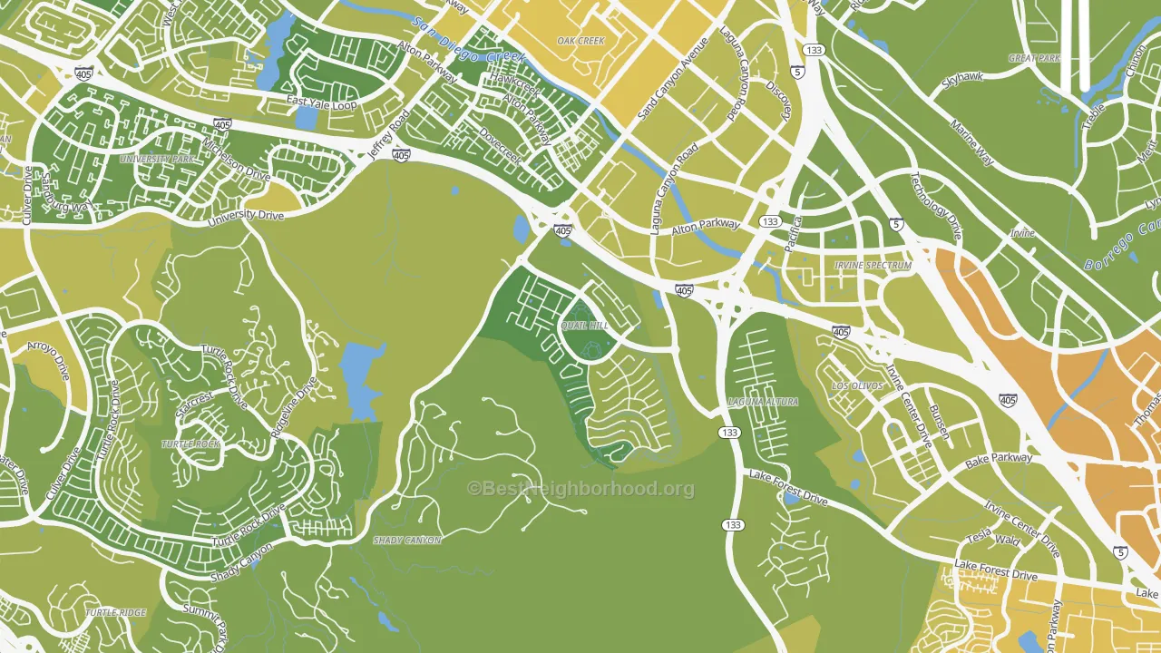 Map of the best neighborhoods in the Quail Hill, Irvine area, with better matches in green and worse matches in red