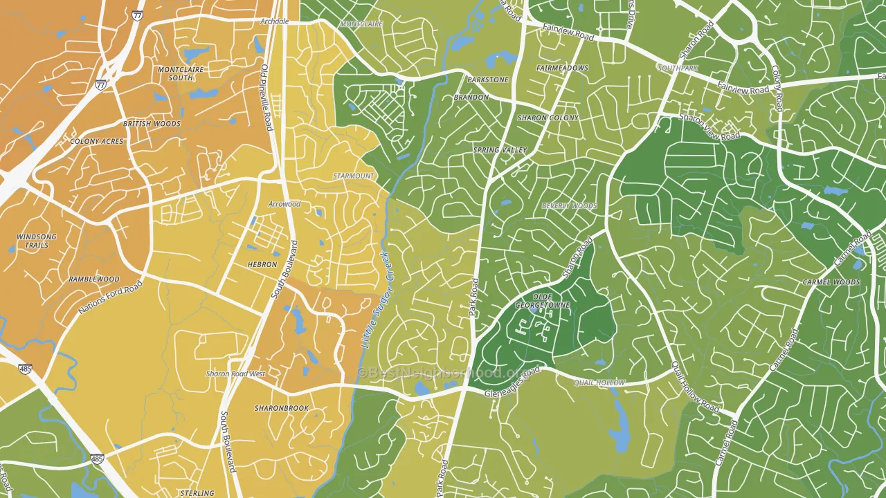 Map of the best neighborhoods in the Quail Hollow, Charlotte area, with better matches in green and worse matches in red