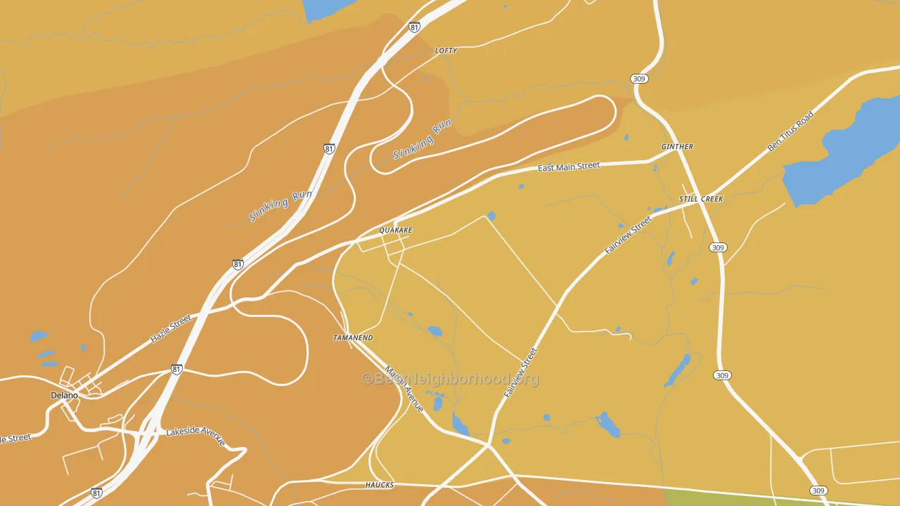 Map of the best neighborhoods in the Quakake area, with better matches in green and worse matches in red