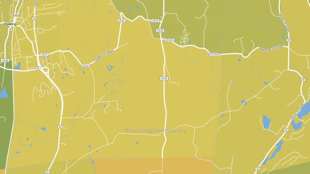 Map of the best neighborhoods in the Quaker Hill area, with better matches in green and worse matches in red