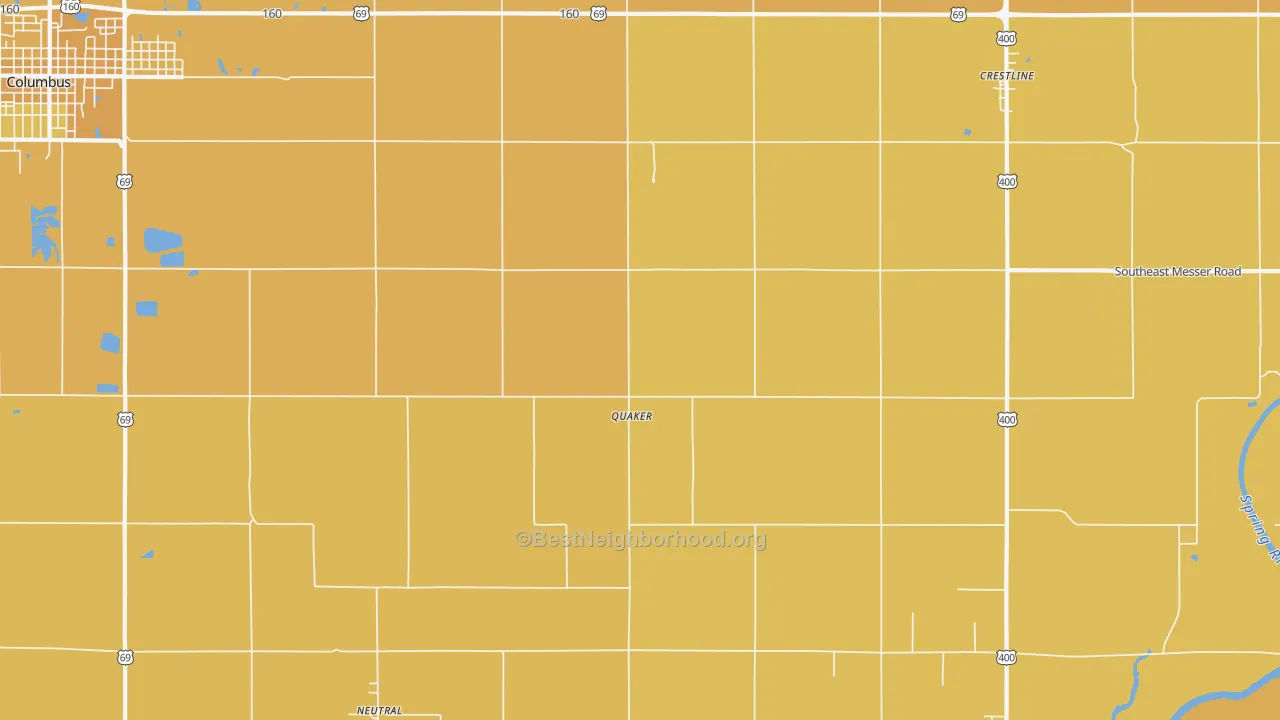 Map of the best neighborhoods in the Quaker area, with better matches in green and worse matches in red