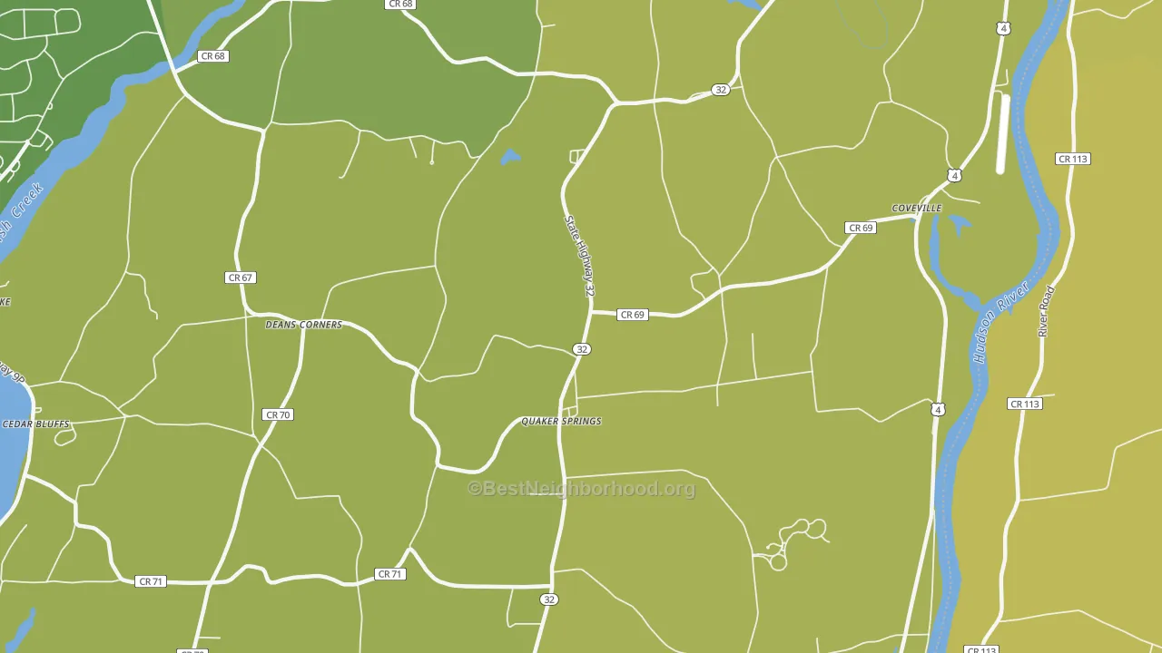 Map of the best neighborhoods in the Quaker Springs area, with better matches in green and worse matches in red