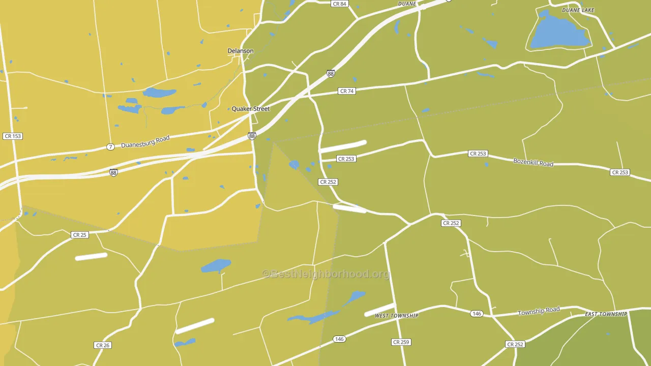 Map of the best neighborhoods in the Quaker Street area, with better matches in green and worse matches in red