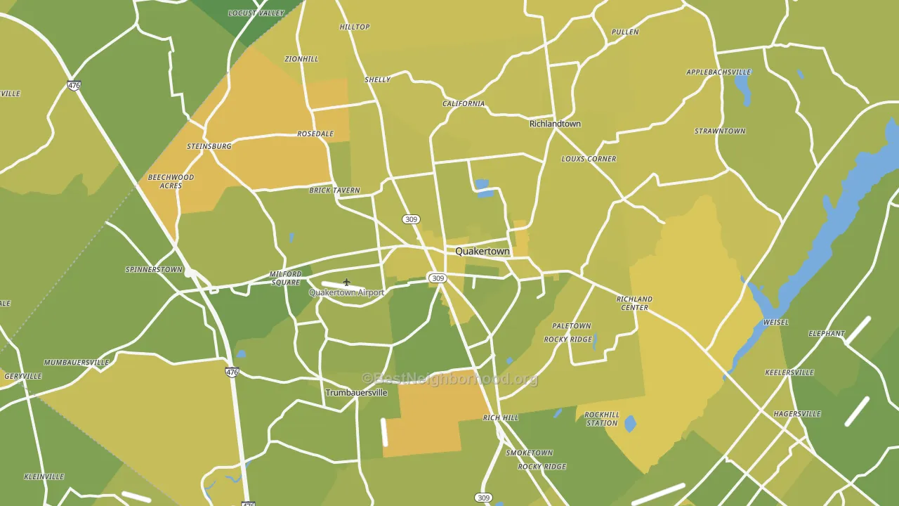 Map of the best neighborhoods in the Quakertown area, with better matches in green and worse matches in red
