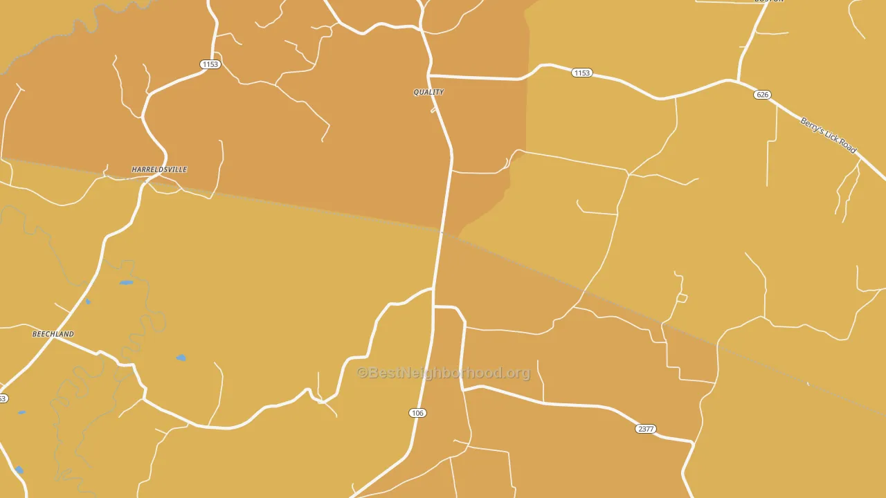 Map of the best neighborhoods in the Quality area, with better matches in green and worse matches in red