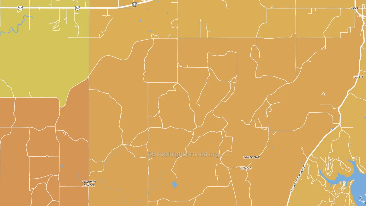 Map of the best neighborhoods in the Qualls area, with better matches in green and worse matches in red