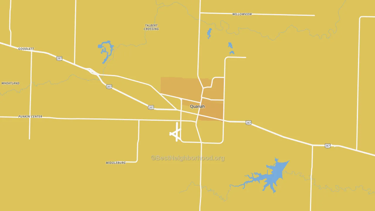 Map of the best neighborhoods in the Quanah area, with better matches in green and worse matches in red