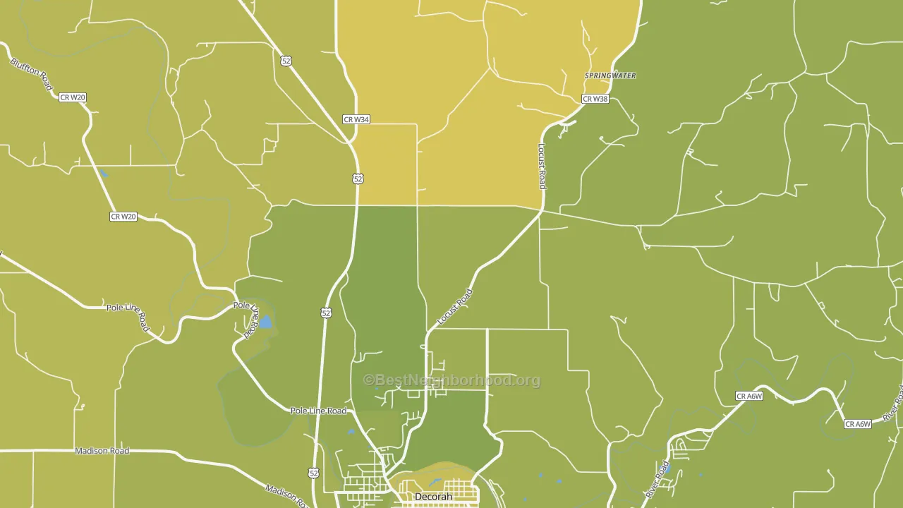 Map of the best neighborhoods in the Quandahl area, with better matches in green and worse matches in red