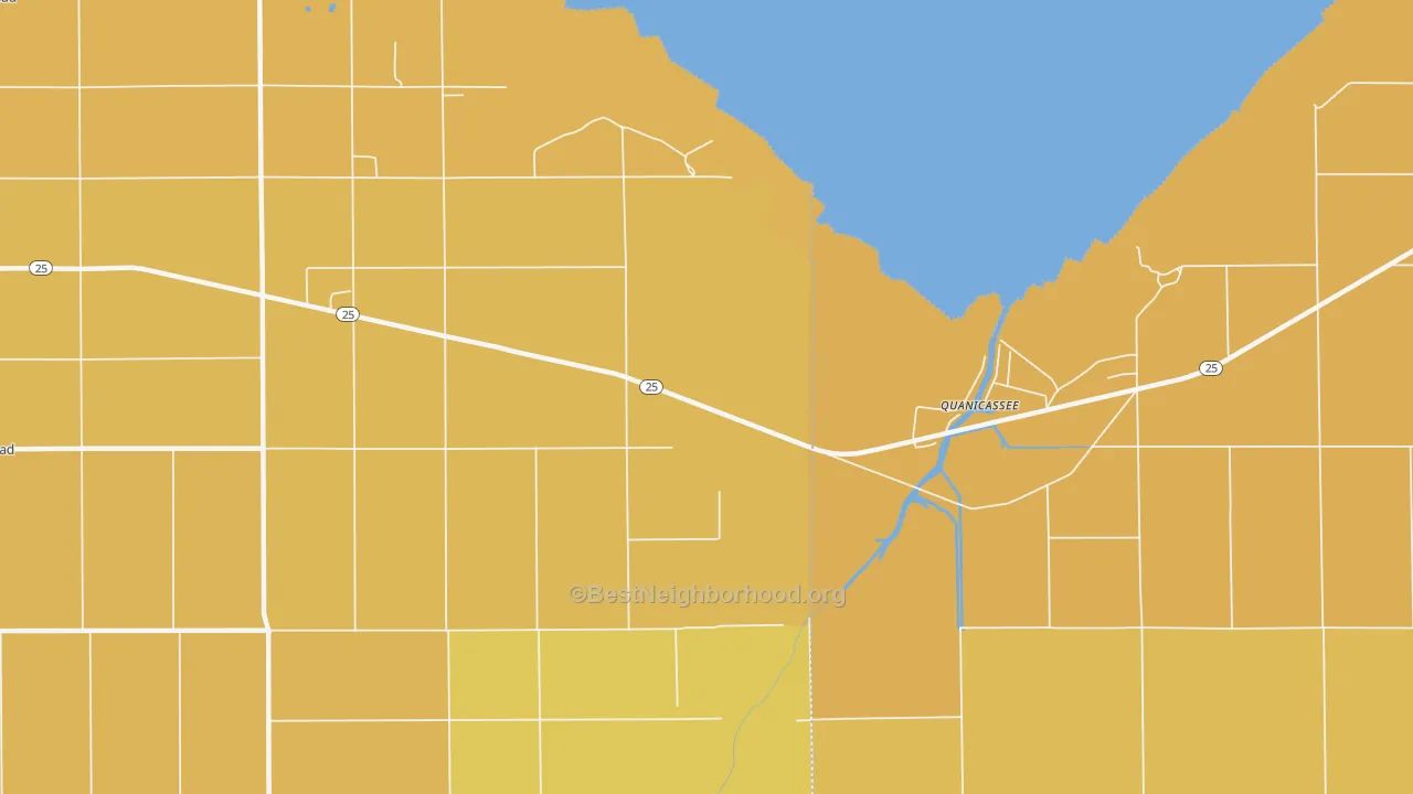 Map of the best neighborhoods in the Quanicassee area, with better matches in green and worse matches in red