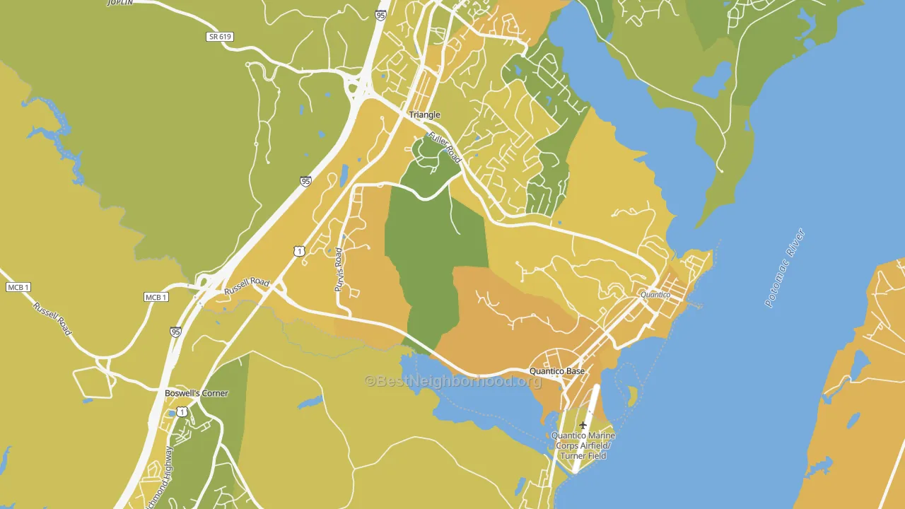 Map of the best neighborhoods in the Quantico Base area, with better matches in green and worse matches in red