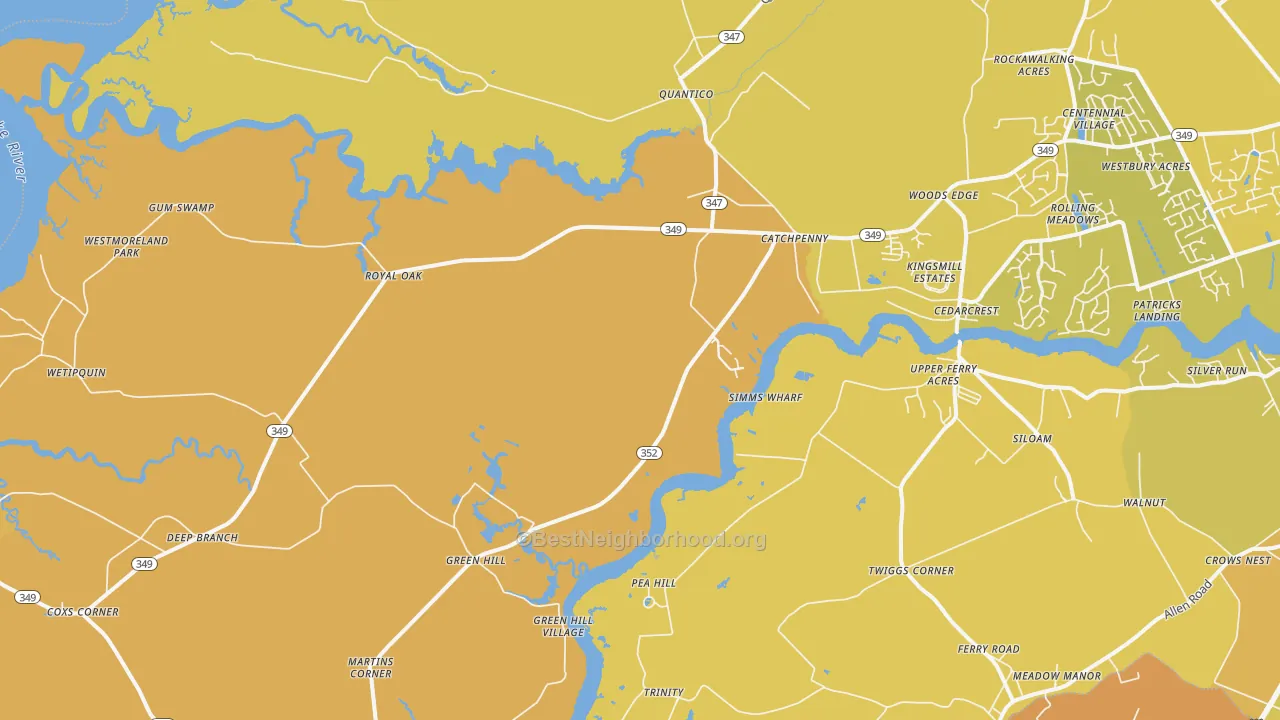 Map of the best neighborhoods in the Quantico area, with better matches in green and worse matches in red
