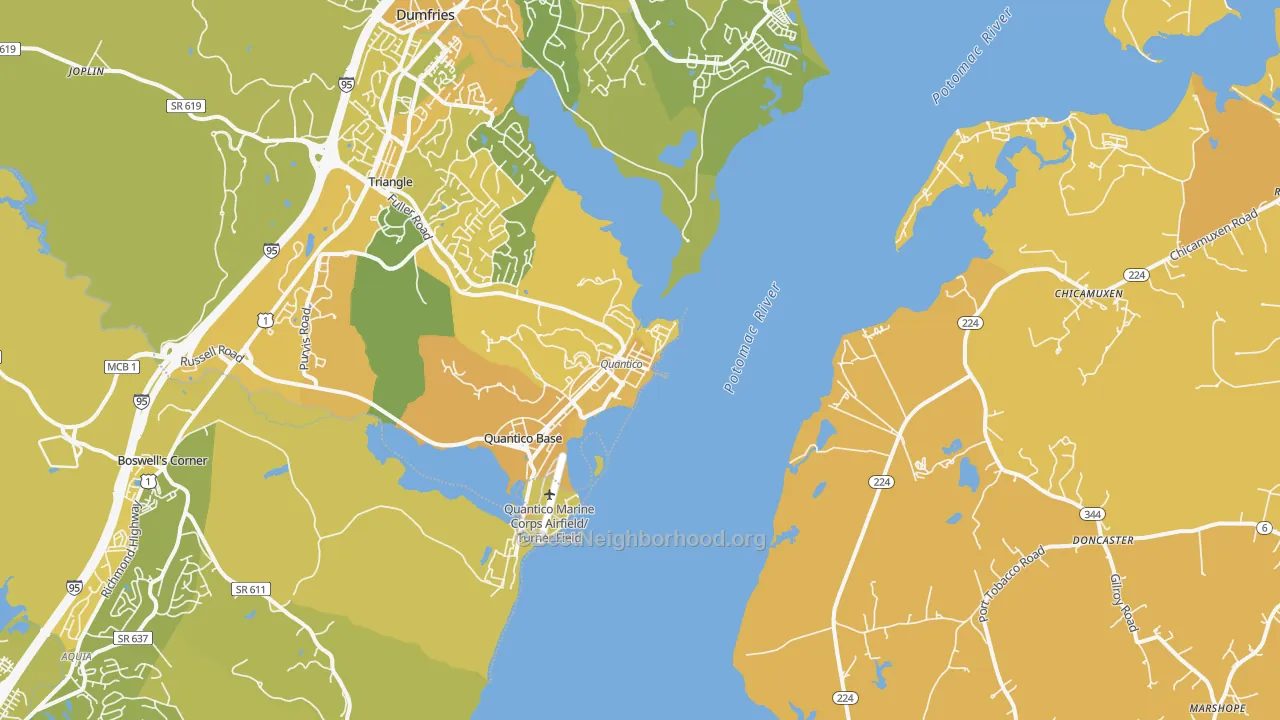 Map of the best neighborhoods in the Quantico area, with better matches in green and worse matches in red