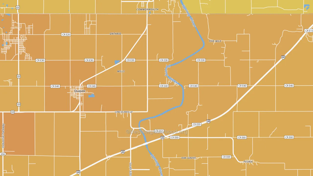 Map of the best neighborhoods in the Quapaw area, with better matches in green and worse matches in red
