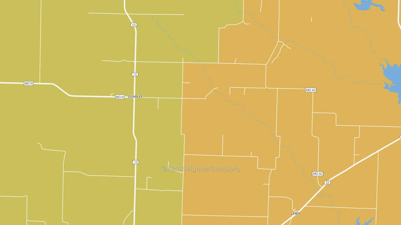 Map of the best neighborhoods in the Quarles area, with better matches in green and worse matches in red