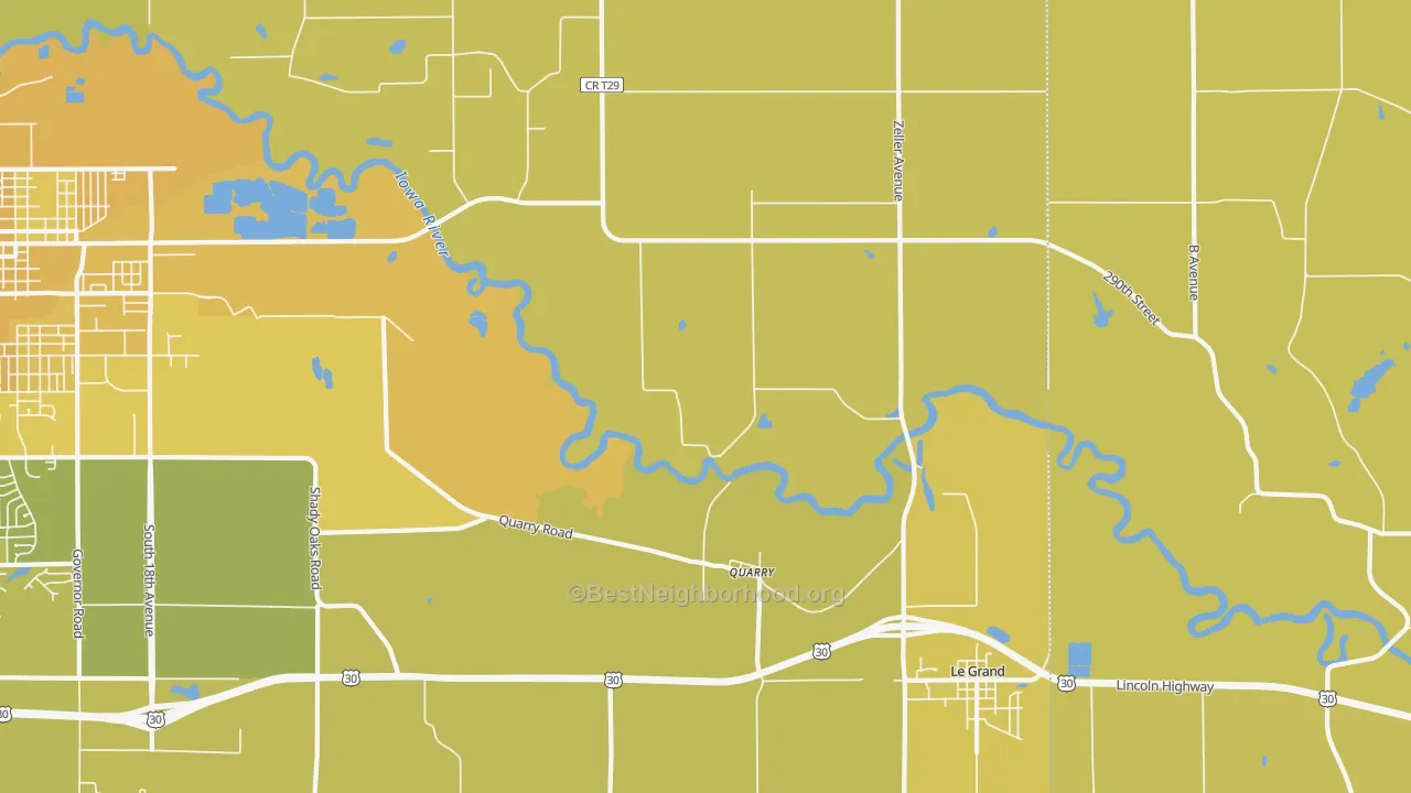 Map of the best neighborhoods in the Quarry area, with better matches in green and worse matches in red