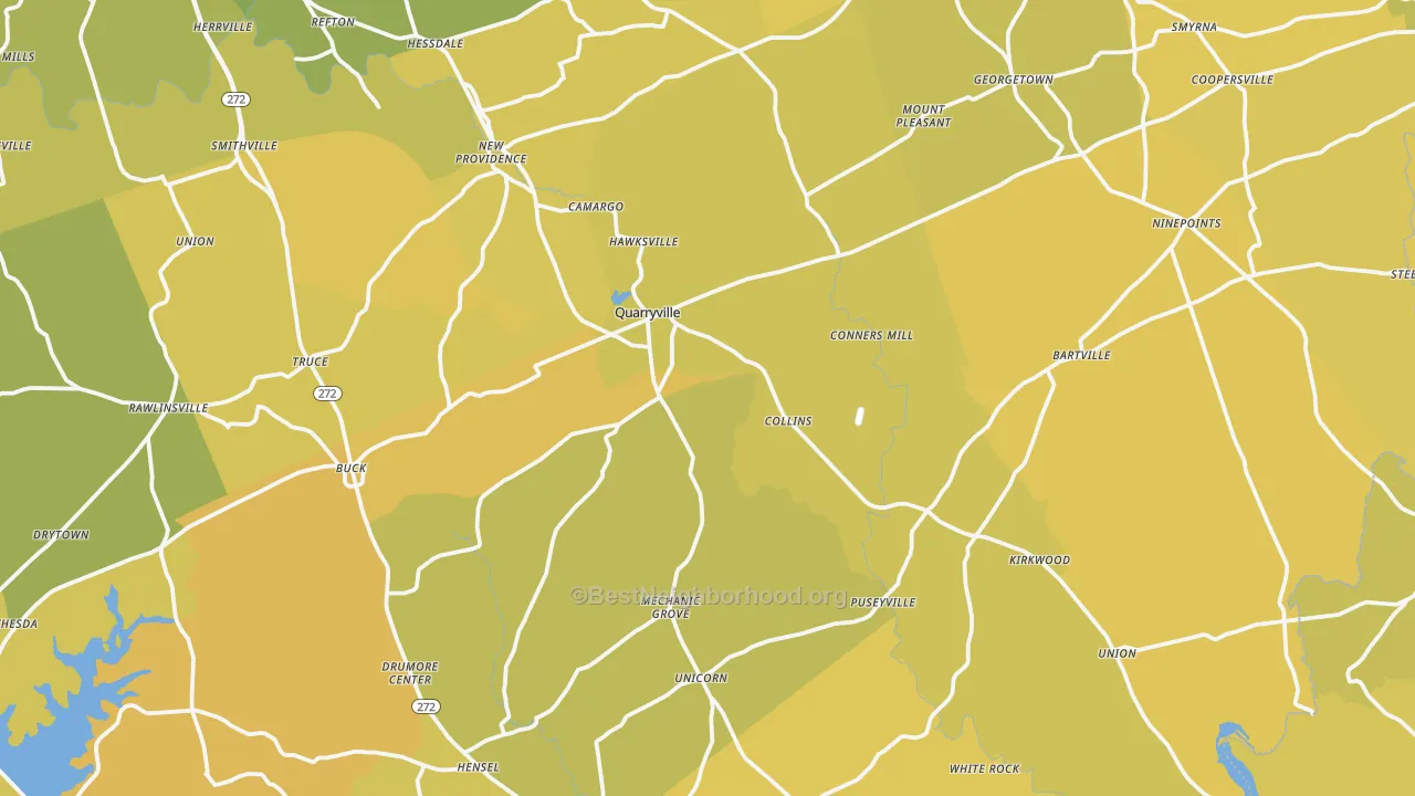 Map of the best neighborhoods in the Quarryville area, with better matches in green and worse matches in red