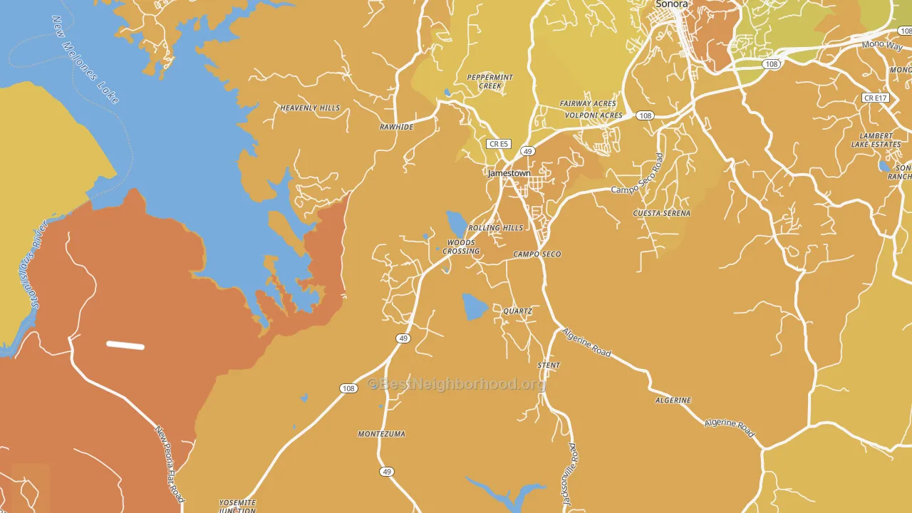 Map of the best neighborhoods in the Quartz area, with better matches in green and worse matches in red