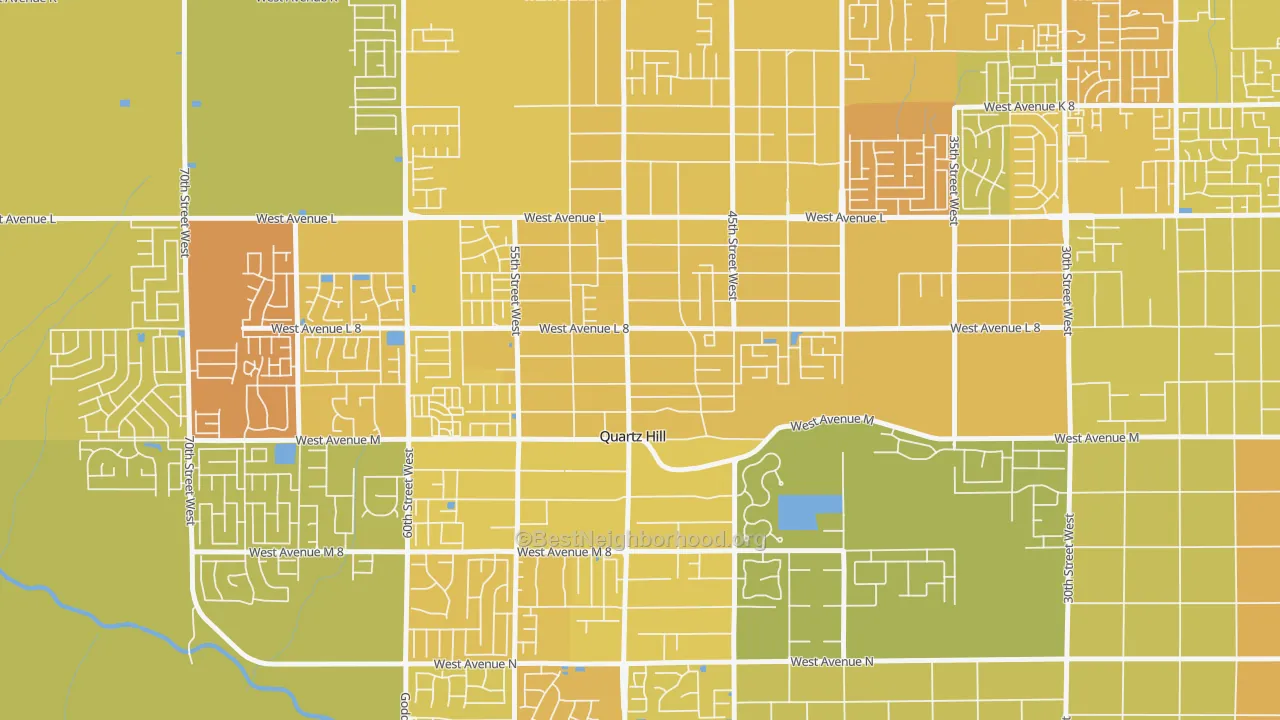 Map of the best neighborhoods in the Quartz Hill area, with better matches in green and worse matches in red