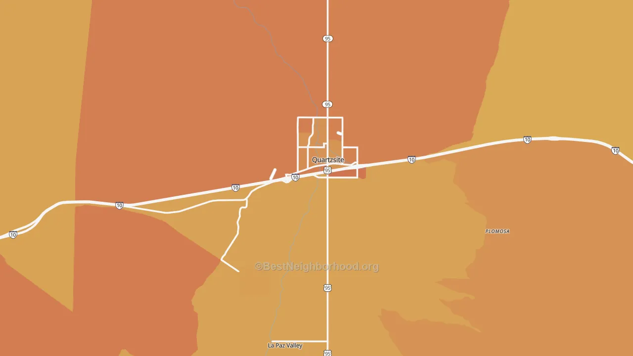 Map of the best neighborhoods in the Quartzsite area, with better matches in green and worse matches in red