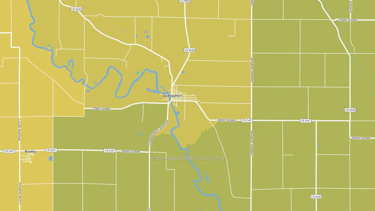 Map of the best neighborhoods in the Quasqueton area, with better matches in green and worse matches in red