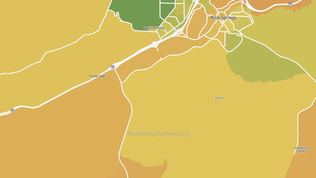 Map of the best neighborhoods in the Quealy area, with better matches in green and worse matches in red
