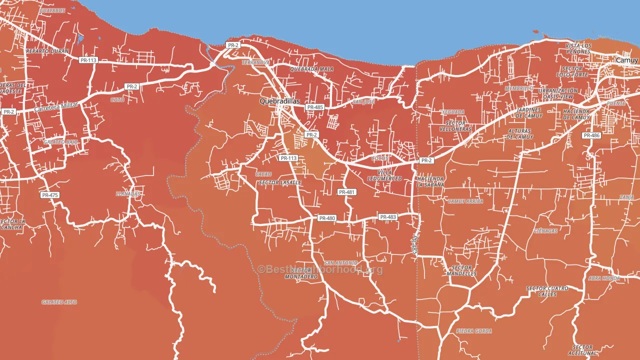 Map of the best neighborhoods in the Quebradillas Municipio area, with better matches in green and worse matches in red
