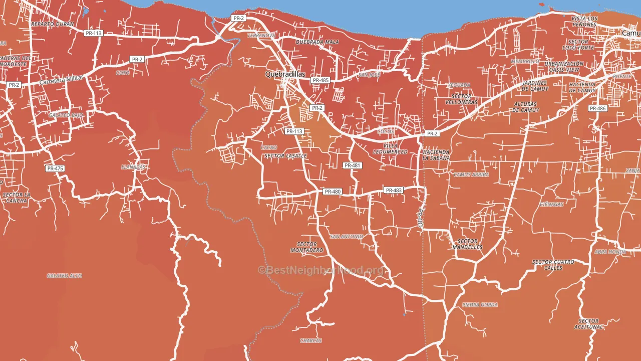 Map of the best neighborhoods in the Quebradillas area, with better matches in green and worse matches in red