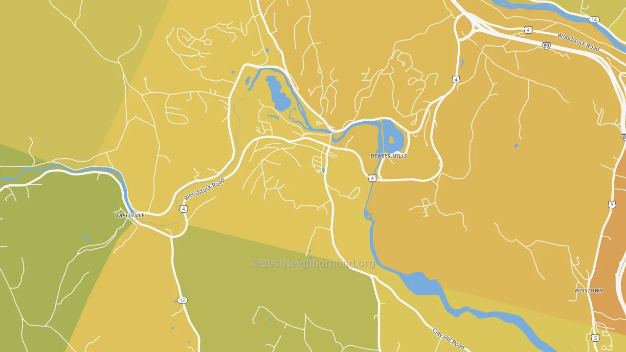 Map of the best neighborhoods in the Quechee area, with better matches in green and worse matches in red