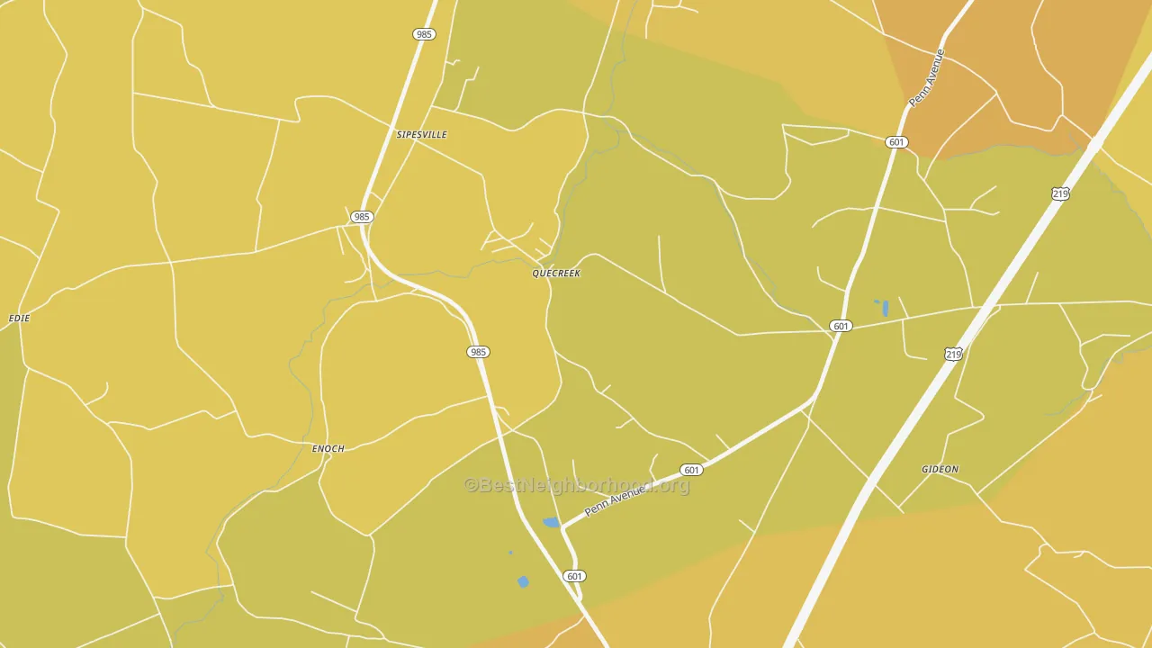 Map of the best neighborhoods in the Quecreek area, with better matches in green and worse matches in red