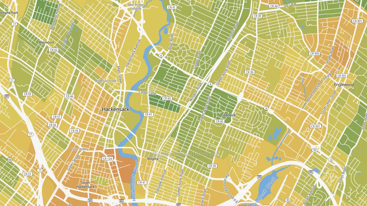 Map of the best neighborhoods in the Queen Anne Park, Teaneck area, with better matches in green and worse matches in red