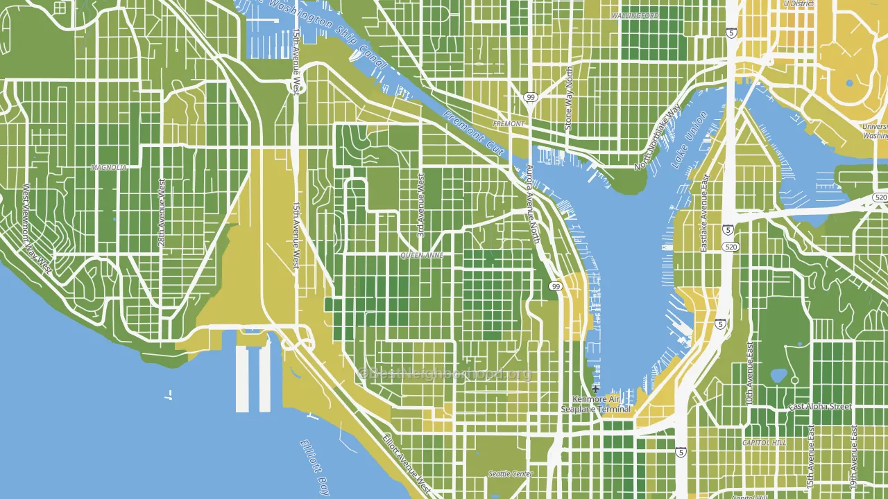 Map of the best neighborhoods in the Queen Anne, Seattle area, with better matches in green and worse matches in red