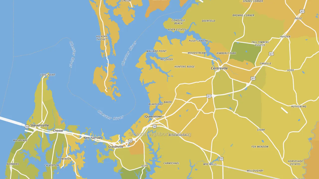 Map of the best neighborhoods in the Queen Anne's County area, with better matches in green and worse matches in red