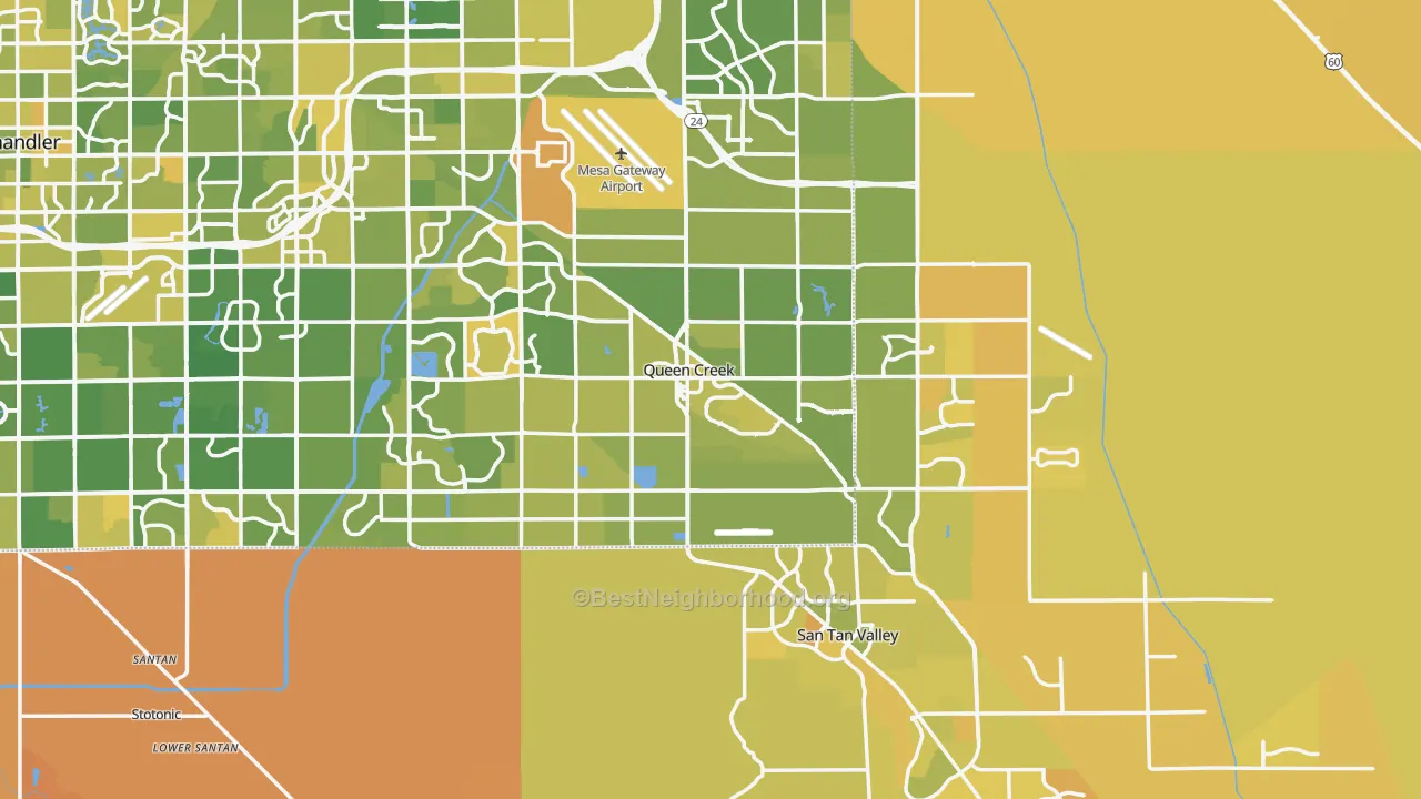 Map of the best neighborhoods in the Queen Creek area, with better matches in green and worse matches in red