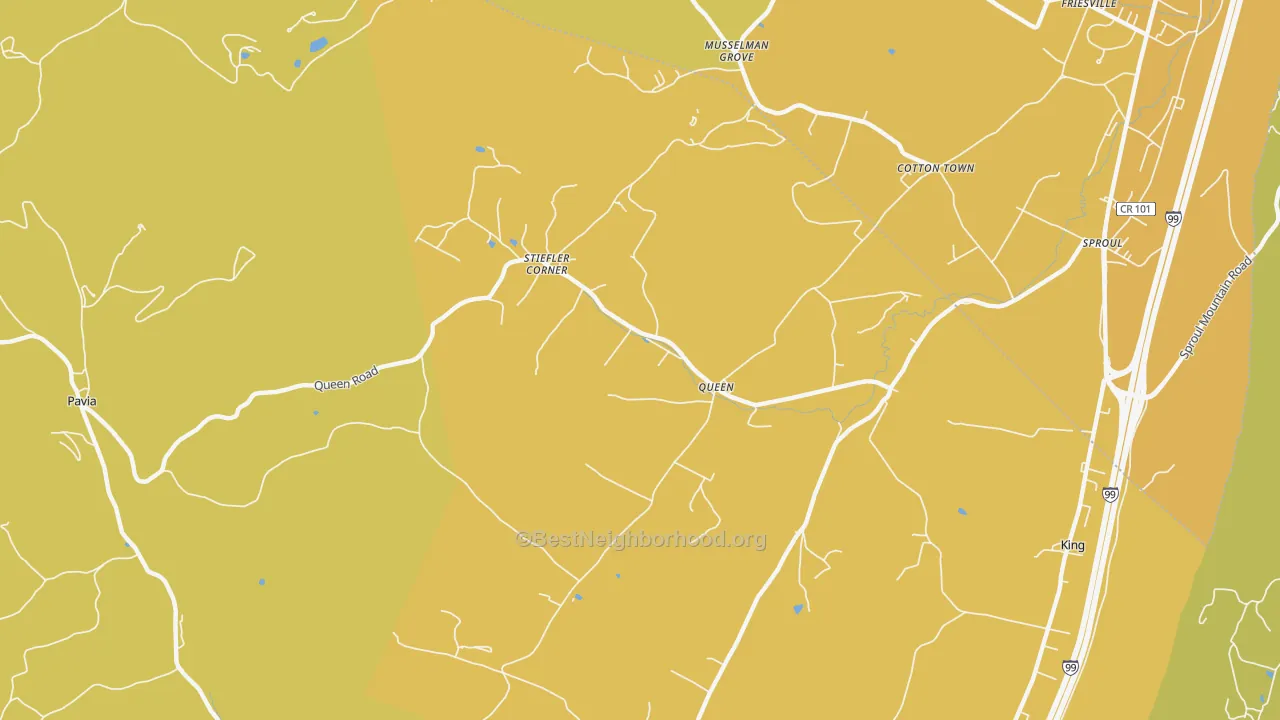 Map of the best neighborhoods in the Queen area, with better matches in green and worse matches in red