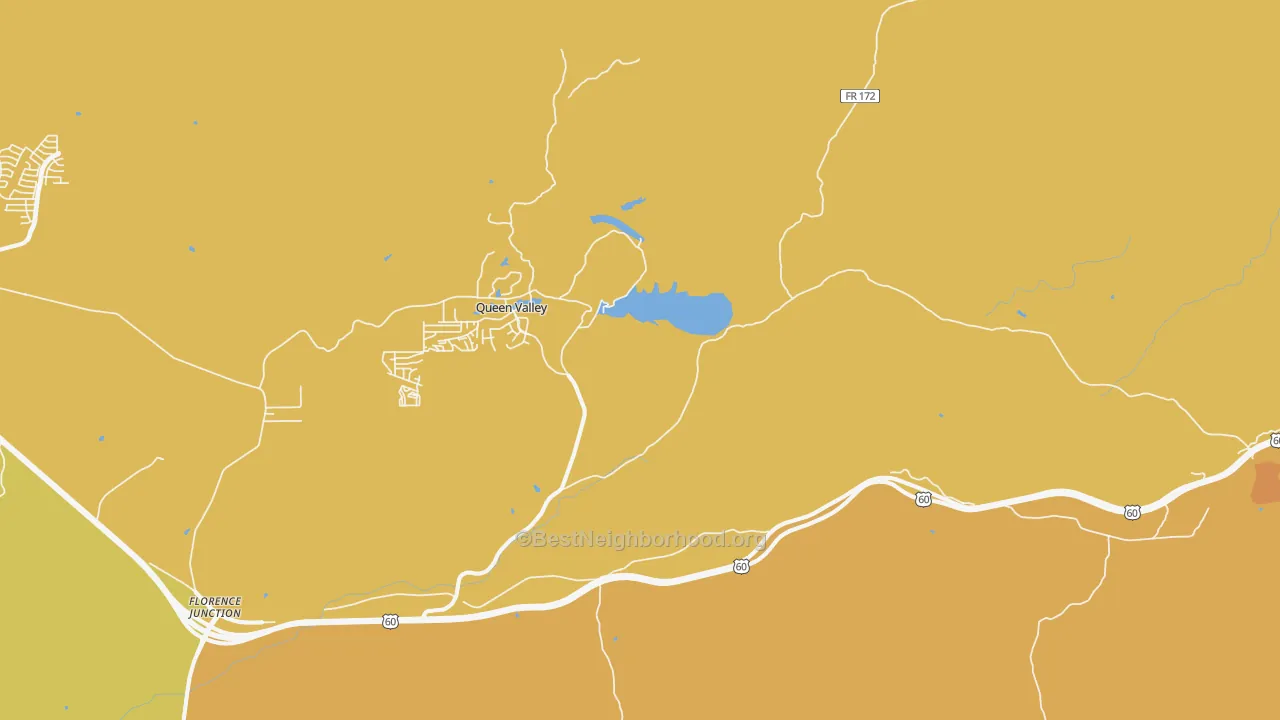 Map of the best neighborhoods in the Queen Valley area, with better matches in green and worse matches in red