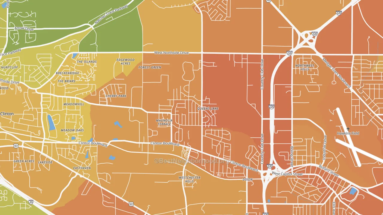 Map of the best neighborhoods in the Queens-Magnolia Terrace, Jackson area, with better matches in green and worse matches in red