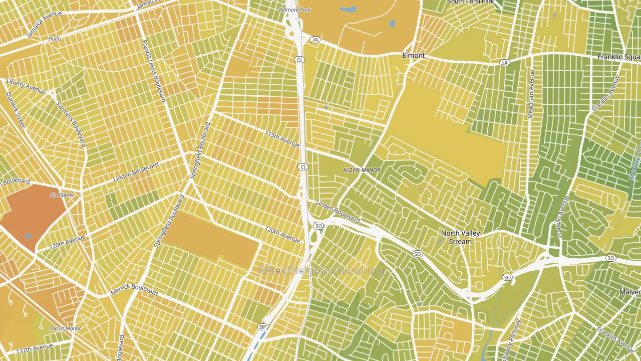 Map of the best neighborhoods in the Queens Village area, with better matches in green and worse matches in red