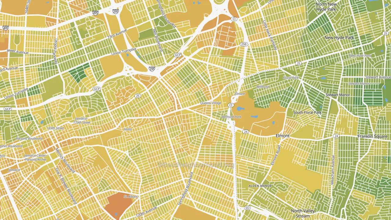 Map of the best neighborhoods in the Queens Village, Queens area, with better matches in green and worse matches in red