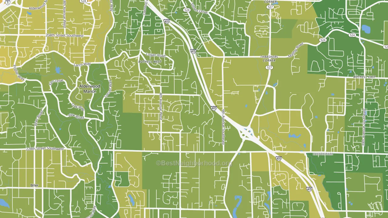 Map of the best neighborhoods in the Queensboro-Brentwood-Crystal Spgs, Bothell area, with better matches in green and worse matches in red