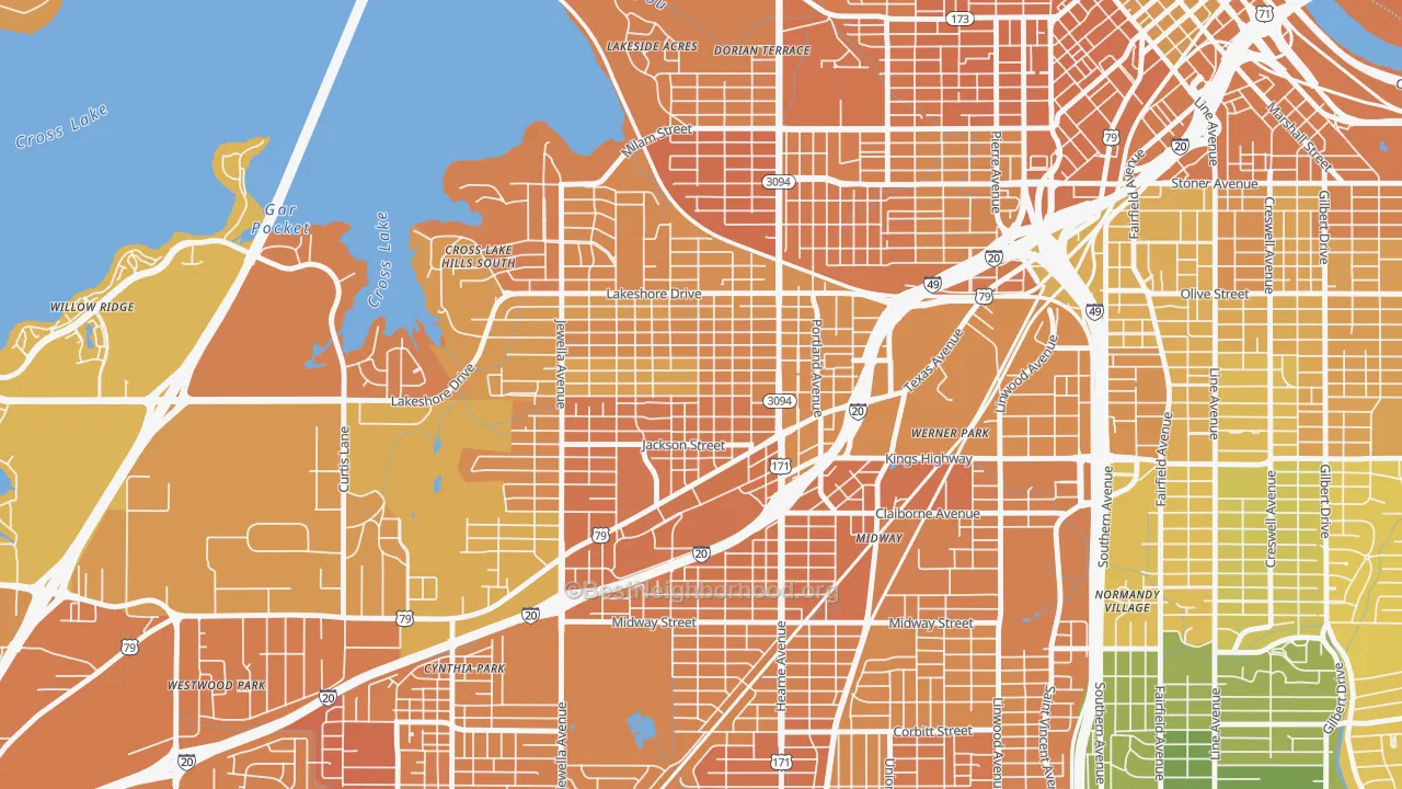 Map of the best neighborhoods in the Queensborough, Shreveport area, with better matches in green and worse matches in red