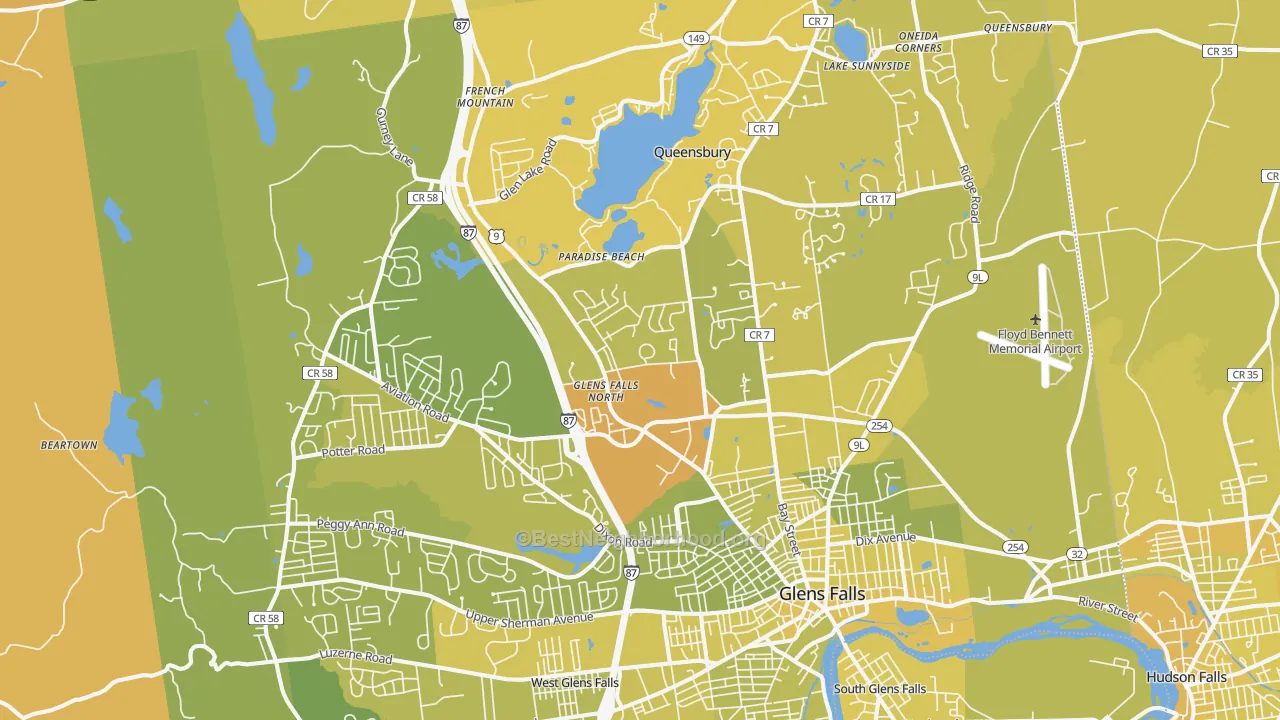 Map of the best neighborhoods in the Queensbury area, with better matches in green and worse matches in red