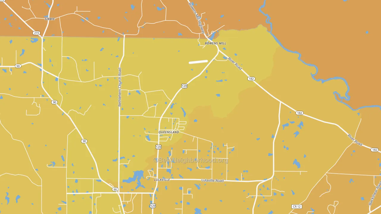 Map of the best neighborhoods in the Queensland area, with better matches in green and worse matches in red