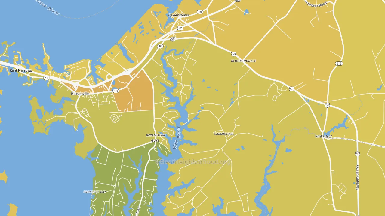 Map of the best neighborhoods in the Queenstown area, with better matches in green and worse matches in red