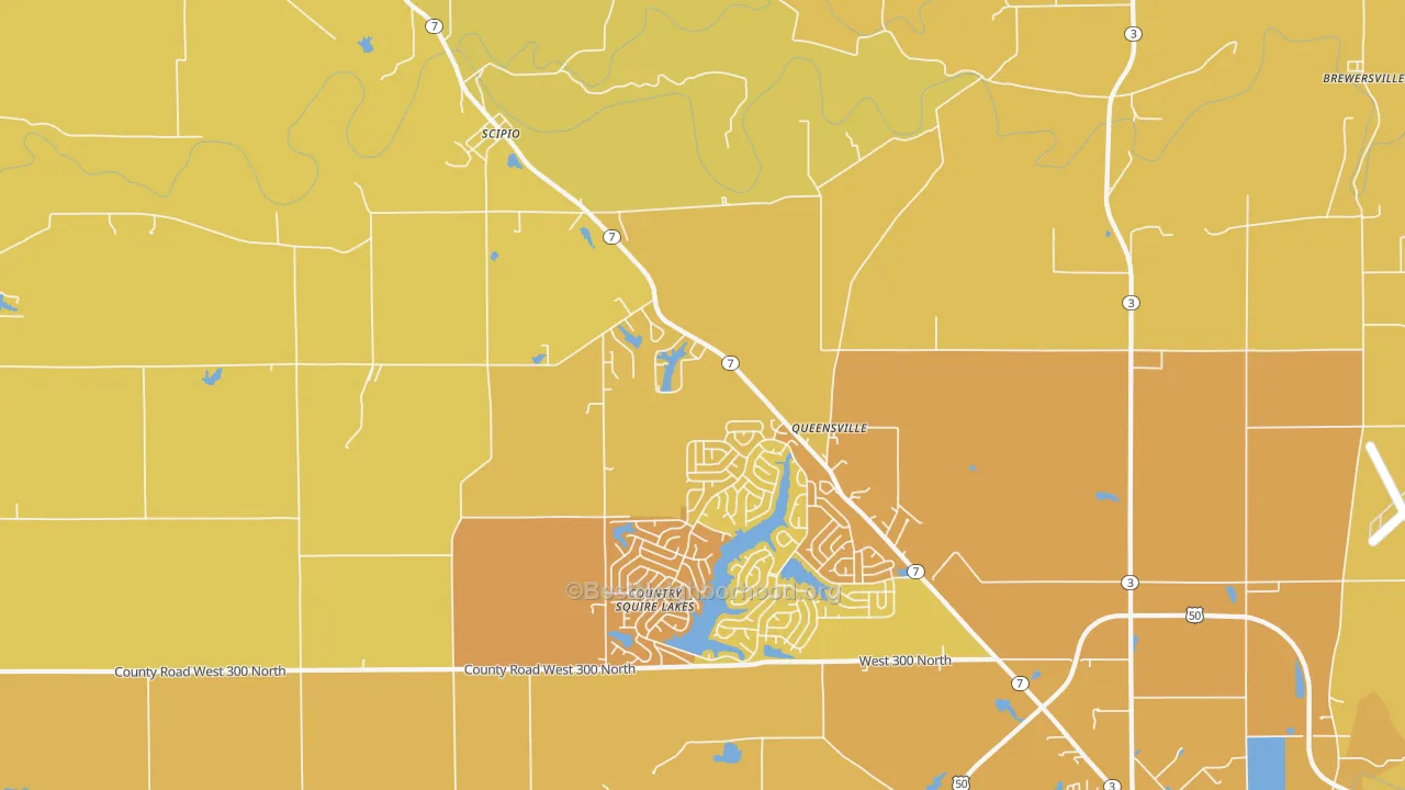 Map of the best neighborhoods in the Queensville area, with better matches in green and worse matches in red