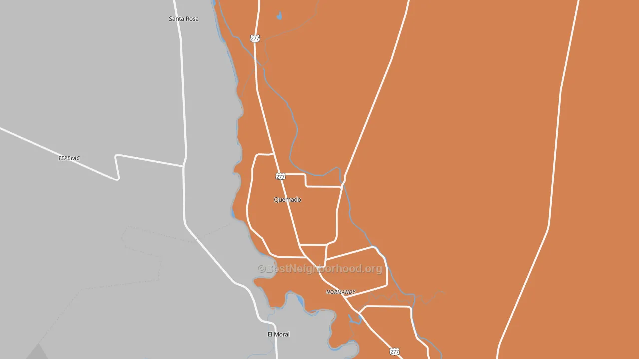 Map of the best neighborhoods in the Quemado area, with better matches in green and worse matches in red