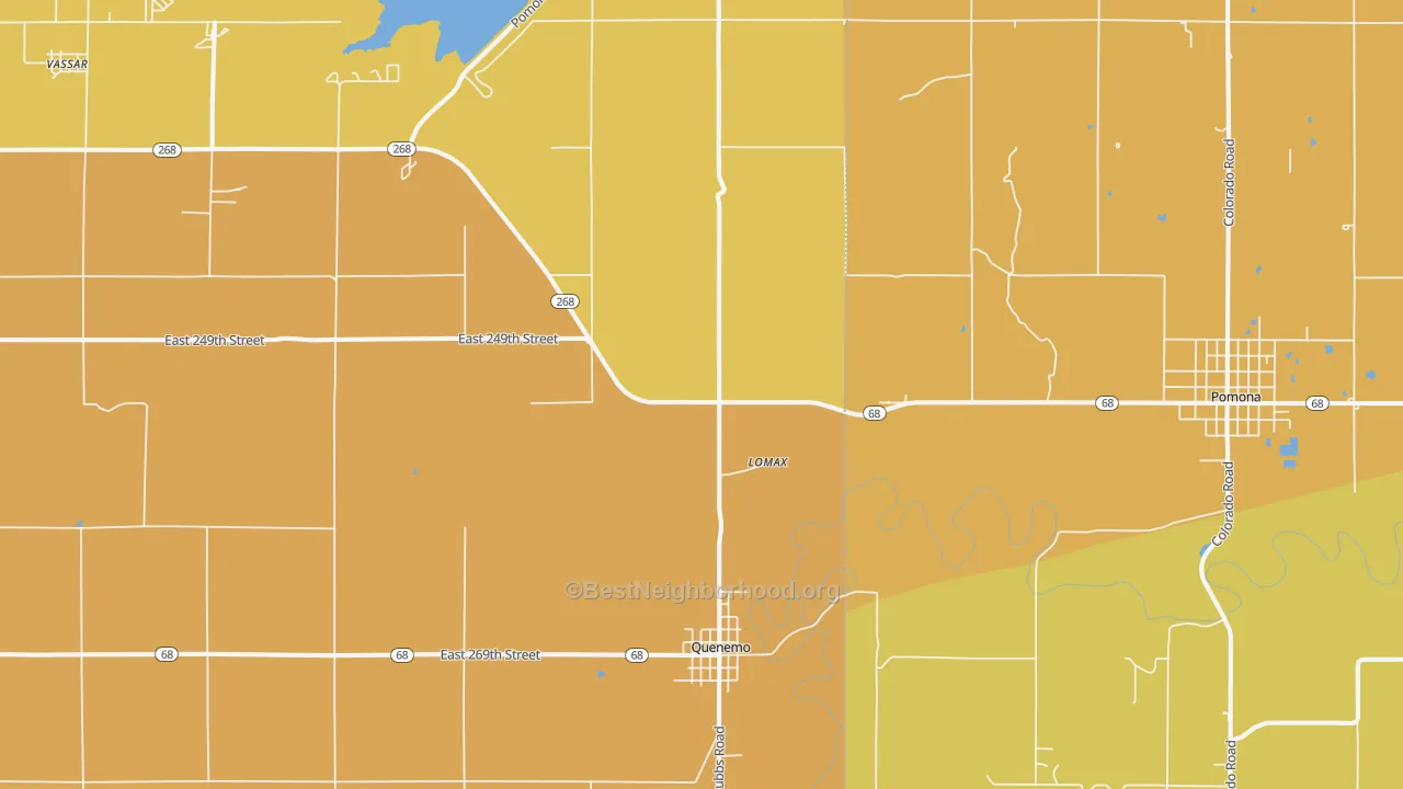Map of the best neighborhoods in the Quenemo area, with better matches in green and worse matches in red