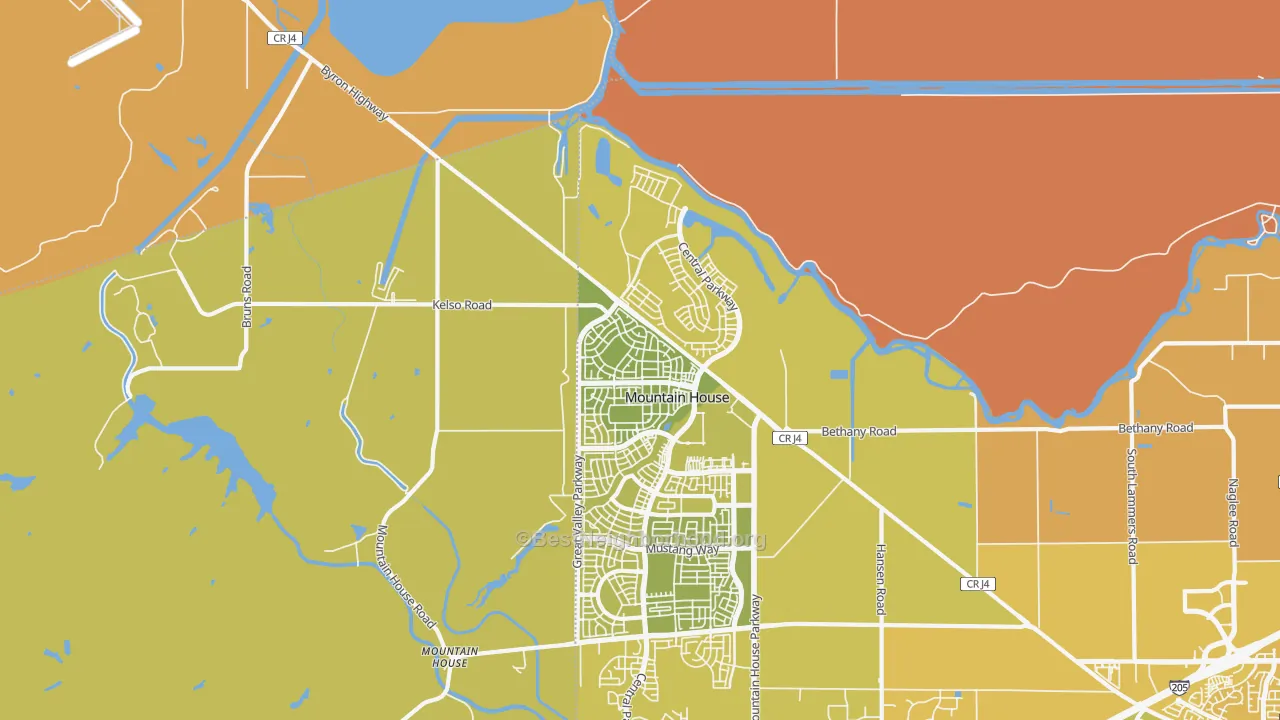 Map of the best neighborhoods in the Questa, Mountain House area, with better matches in green and worse matches in red