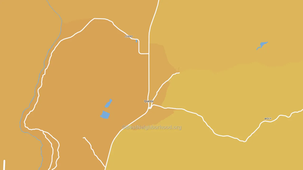 Map of the best neighborhoods in the Questa area, with better matches in green and worse matches in red