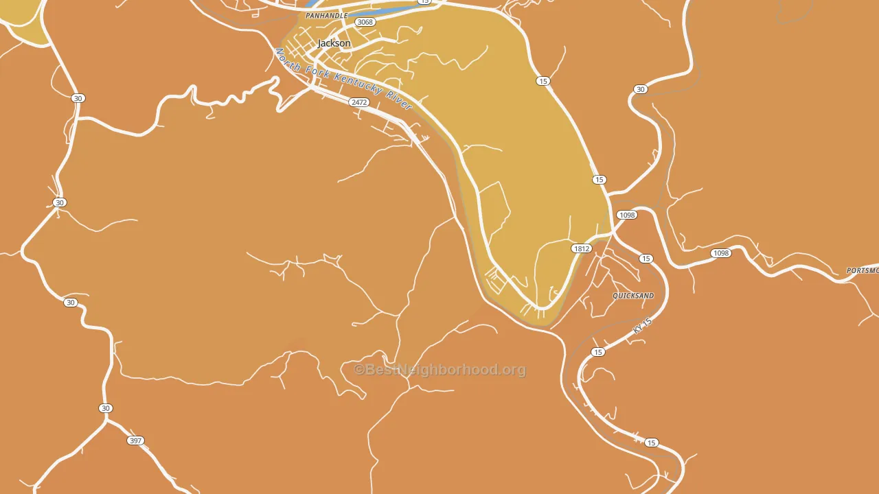 Map of the best neighborhoods in the Quicksand area, with better matches in green and worse matches in red
